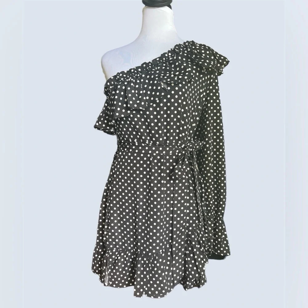 Nasty Gal Size 6 Black White Polka Dot One Shoulder Mini Dress New